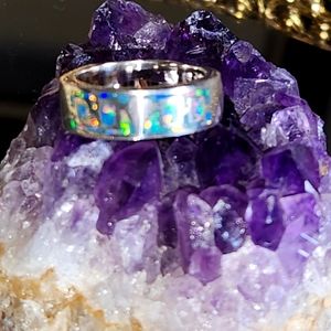 SOLD Unisex 925 Solid Opal Inlay Ring. Very heavy 1mm thick, size 6.75"